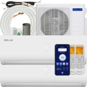 DELLA 18K BTU ODU 2 Dual Zone 9000 9000 BTU Wifi Mini Split Air Conditioner Work with Alexa, 20 SEER2 208-230V Cools Up to 800 Sq.Ft Multi Zone Ductless Pre-Charged Heat Pump, 16ft Installation Kits