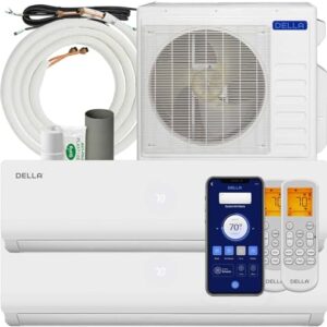 DELLA 27K BTU ODU 2 Dual Zone 18000 18000 BTU Wifi Mini Split Air Conditioner & Heat Pump Work with Alexa 19 SEER2 208-230V Cools Up to 2000Sq.Ft Multi Zone Ductless Pre-Charged,16ft Installation Kits