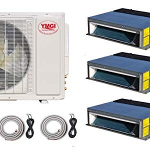 YMGI 3 Zone 36000 BTU 3 Ton 12K+12K+12K Pre-Charged low profile Fan coil Conceal Ductless Mini Split AC Heating with 25 Ft Installation kits