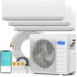 ROVSUN 28000 BTU Tri Zone WIFI Mini Split AC/Heating System, 20 SEER2 3 Zone 9000 + 9000 + 18000 BTU Ductless Split Air Conditioner with Pre-Charged Condenser, Heat Pump & 25Ft Line Set, 208-230V