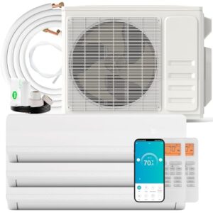 SIMOE 3 Zone 12,000 + 12,000 + 12000BTU Mini Split AC/Heating System, 27K BTU ODU, 19 SEER2 208-230V Cools Up to 1650 Sq.Ft, Work w/Alexa, 16ft Installation Kits, Ductless Pre-Charged Inverter System