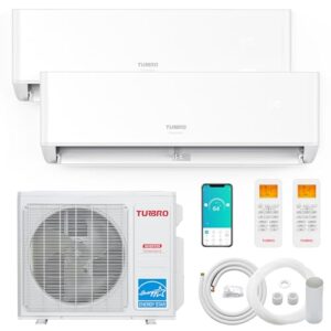 TURBRO 18,000 BTU Dual Zones Mini Split AC/Heating System, Ductless Multi Zones Inverter Mini Split Air Conditioner with Heat Pump, 22 SEER2, WiFi Enabled, Greenland (9K+12K), 230V