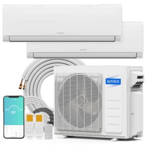 ROVSUN 20000 BTU Dual Zone WIFI Mini Split AC/Heating System, 20 SEER2 2 Zone 9000 + 18000 BTU Ductless Split Air Conditioner with Pre-Charged Condenser, Heat Pump & 25Ft Copper Line Set, 208-230V