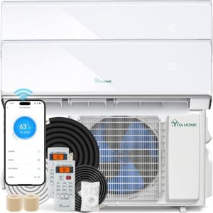 YITAHOME 22 SEER2 18K BTU 2 Zone Mini Split AC/Heating System, 9000 9000 BTU Dual Zone Mini Split Air Conditioner, Wifi Enabled 208-230V Ductless AC Cool Up to 800 Sq. Ft, Compatible with Alexa