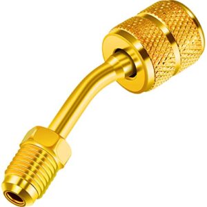Chinco 1 Pcs R410a Adapter for Mini Split Charging Adapter Vacuum Port with Thimble 5/16 Inch Female Quick Coupler to 1/4 Inch Male Flare for Air Conditioner HVAC Refrigeration (45° Angle)