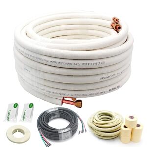 50ft Length Mini Split Line Set 1/4" 3/8" OD Copper Pipes Tubing and 3/8 White PE Thickened Insulated with Flared Nuts for Mini Split Air Conditioner HVAC or Heat Pump for 9000BTU (1/4+3/8 with wires)