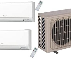 Mitsubishi Dual Zone Ductless Split System Wall Mount unit 9K + 9K, 20,000 BTU SEER 20 with 2 x 9,000 BTU Indoor Units