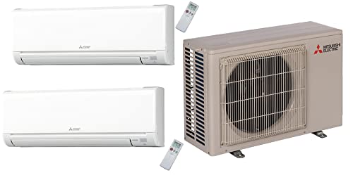 Mitsubishi Dual Zone Ductless Split System Wall Mount unit 9K + 9K, 20,000 BTU SEER 20 with 2 x 9,000 BTU Indoor Units