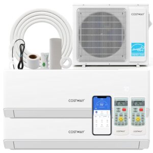 COSTWAY 18k Dual 2 Zone Mini Split Air Conditioner, 22 SEER2 9000 BTU+ 12000 BTU, 208-230V, Wifi Enabled Multi Zones Mini Split AC Heat Pump Full Set, Ductless Energy Star