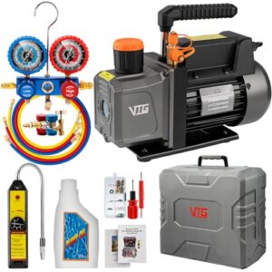 VTG VOGTEN 4.5 CFM AC Vacuum Pump and Gauge Set,for Mini Split/HVAC/Auto Systems,Manifold Gauge Kit Fits R134a R12 R22 R410a,Including Leak Detector,Upgraded Trifold Storage Case,3 Hoses,R134a Can Tap