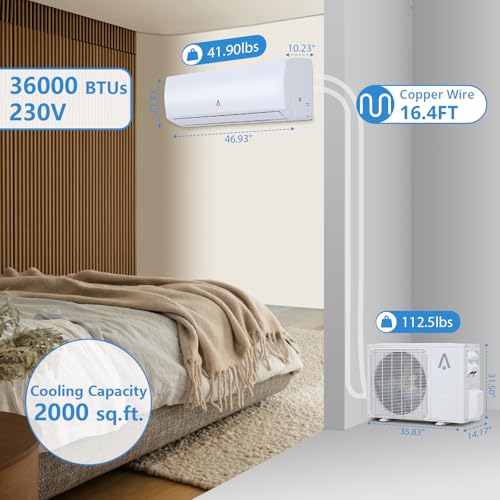 19 Seer2 Split Air Conditioner, 36,000 Btus Mini Split Ac/Heating System, Inverter Ductless Air Conditioner w/Alexa, Heat Pump & Installation Kit, Wall Mounted Ac Unit Cools Room Up to 2000 Sq.Ft,230V - Image 6
