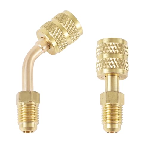 2pcs R410a Adapter for Mini Split System, Straight and 45° Angled Adapter, 5/16" SAE Female to 1/4" SAE Male Flare Charging Vacuum Port Adapters for HVAC Air Conditioner Refrigeration