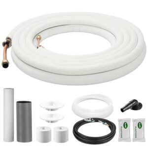 DELLA 50 Ft Mini Split Line Set, Includes 1/4" & 1/2" O.D. copper pipes with flared nuts and a 3/8" thick white PE insulated coil. Perfect for mini split ACs and other HVAC systems