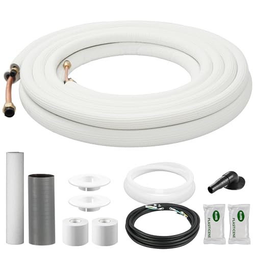 DELLA 50 Ft Mini Split Line Set, Includes 1/4" & 1/2" O.D. copper pipes with flared nuts and a 3/8" thick white PE insulated coil. Perfect for mini split ACs and other HVAC systems