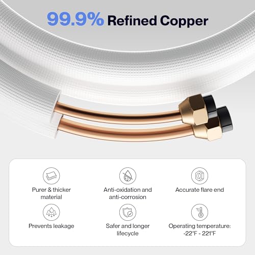DELLA 50 Ft Mini Split Line Set, Includes 1/4" & 1/2" O.D. copper pipes with flared nuts and a 3/8" thick white PE insulated coil. Perfect for mini split ACs and other HVAC systems - Image 5
