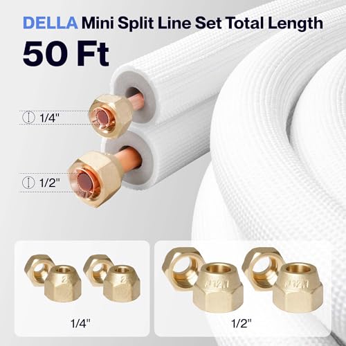 DELLA 50 Ft Mini Split Line Set, Includes 1/4" & 1/2" O.D. copper pipes with flared nuts and a 3/8" thick white PE insulated coil. Perfect for mini split ACs and other HVAC systems - Image 2