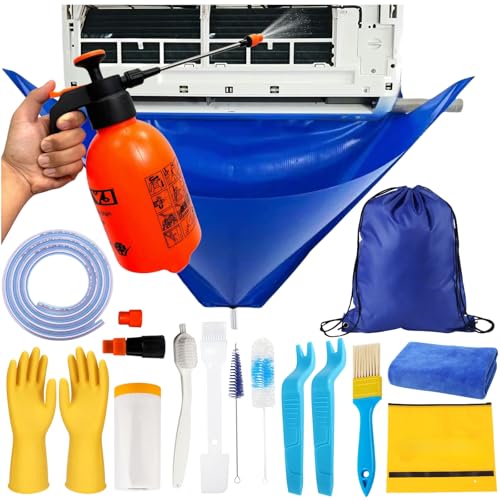 Oiktylr 18pcs Mini Split Cleaning Kit Bag, Waterproof AC Cleaning Cover with Storage Bag, PVC Air Conditioner Cleaning Bib with 2L Pressure Sprayer, HVAC Minisplit Cleaning Kit (Large)