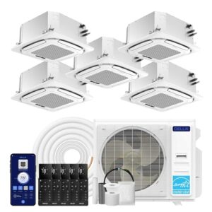 DELLA 42,000 BTU 5 Zone (9K+9K+9K+12K+18K) Ceiling Cassette Mini Split AC, Ultra Heat -13℉, 360° Airflow,Covers 2750 Sq.Ft,Energy Star,22 SEER2 208-230V,Work with Alexa,Pre-Charged Heat Pump,25ft Kit