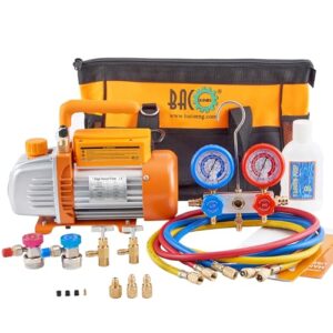 BACOENG 3.6CFM 1/4HP AC Vacuum Pump and Manifold Gauge Set for R134a R12 R410a HVAC Air Conditioning Refrigeration, Includes Can Tap, Quick Coupler Adapters and Carry Bag