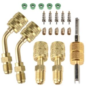 R410a Adapter for Mini Split System, Charging Vacuum Port Adapter, 5/16 Female 1/4 Male Flare, Valve Core Remover, r134a Hose Gaskets, 5V1 Valve Cores, for Air Conditioners Refrigeration HVAC Service
